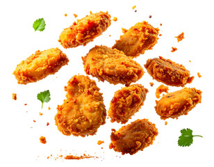 Crispy golden fried chicken pieces with green herbs floating on dark