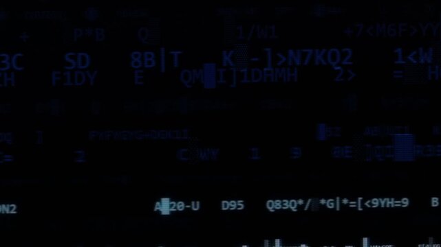 Dark digital screen with cryptic alphanumeric characters and coded visual elements.