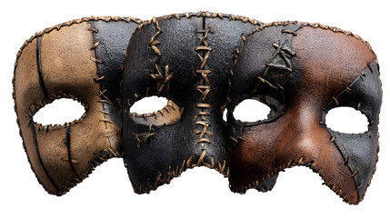 Intriguing stitched leather masks evoke mystery and intrigue, perfect for drama, theater, or unique artistic expressions with a touch of historical flair.