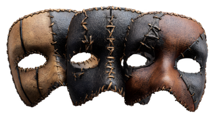 Intriguing stitched leather masks evoke mystery and intrigue, perfect for drama, theater, or unique artistic expressions with a touch of historical flair.