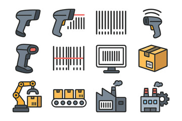 Barcode scanner and factory icons set: automation and inventory management symbols.