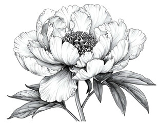 Detailed black and white drawing of a beautiful peony flower isolated