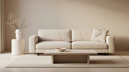 A serene living room featuring a beige sofa, coffee table, and decorative vase with dried flowers.