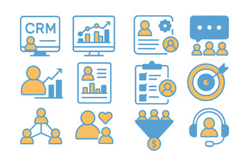 Business and crm icons: analytics, targets, profiles, communication, and interaction.