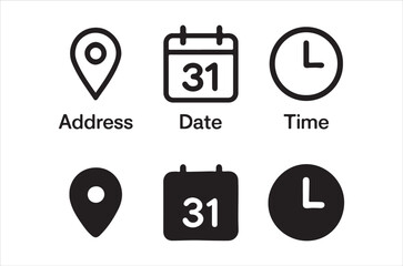 Simple black and white icons depicting address date and time information