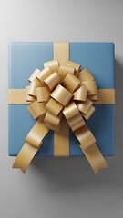 A beautifully wrapped blue gift box with a large gold ribbon bow, seen from an overhead perspective.