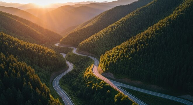Winding mountain road at sunset, aerial view. Lush forest surrounds the curves