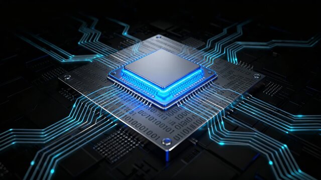 Close-up of a glowing microprocessor chip on a circuit board with illuminated pathways