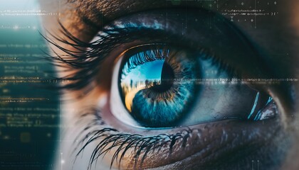 Closeup of a human eye with digital data overlay, showcasing technology, vision, data analysis, and the future.
