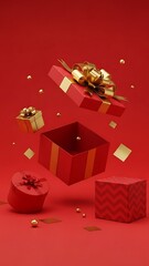 Festive red and gold gift boxes floating in a celebratory scene.