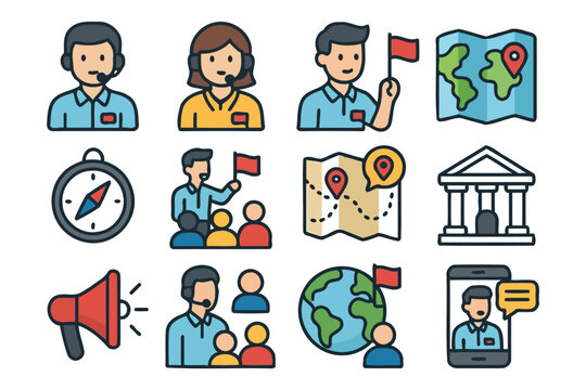 Travel and customer support icons with diverse elements for navigation and communication. - Powered by Adobe