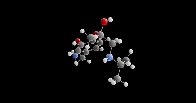 Atenolol molecule, rotating 3D model of trimer of beta blocker, looped video on a black background
