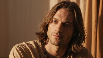 Radiant portrait of a young man with flowing hair in soft lighting Generative AI