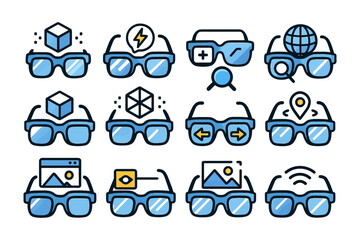 Virtual reality eyewear icons with augmented reality features and applications.