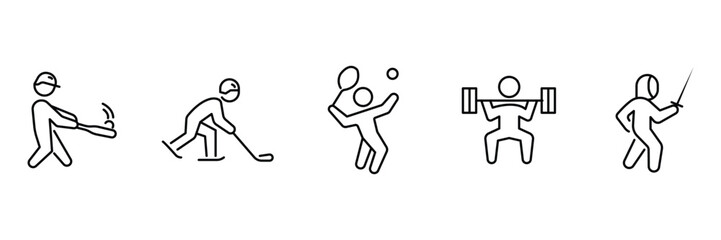 Baseball hitter, hockey player, tennis match, weightlifting workout, fencing duel icon vector illustration for sports activity use.