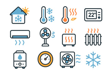 Climate control: hvac and temperature icons for home and office settings.