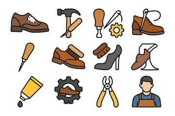 Shoe repair tools and techniques with male cobbler icon.
