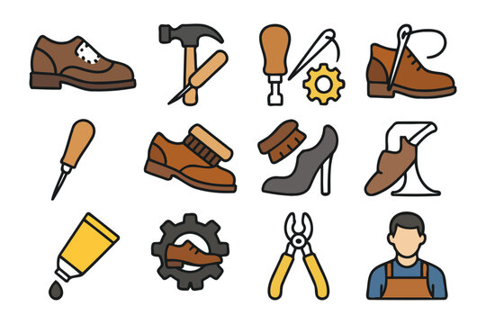 Shoe repair tools and techniques with male cobbler icon.