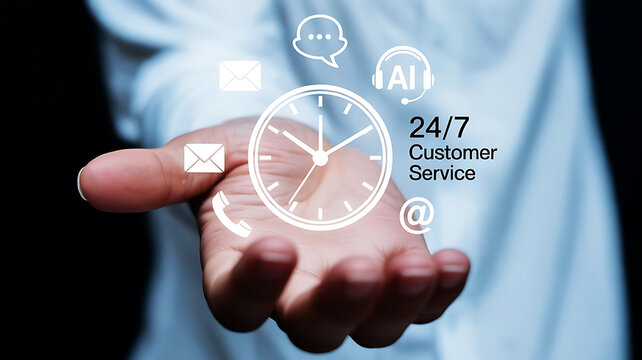 Hand holding icons representing 24/7 customer service