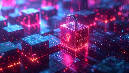 Digital security lock in a vibrant cyber landscape with glowing data structures