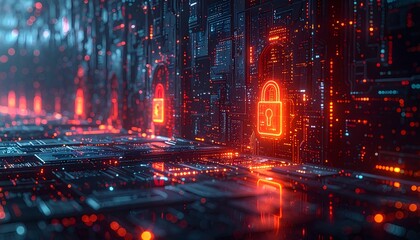 Digital security landscape with glowing locks and circuit patterns in a futuristic setting