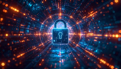 Digital security concept with glowing padlock in futuristic technology background representing data protection