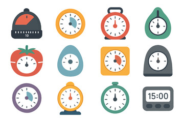 Variety of colorful kitchen timers in various shapes and designs.