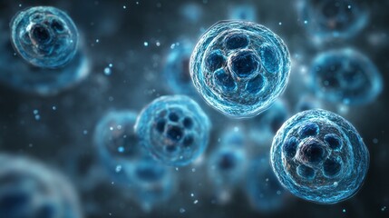 Microscopic view reveals detailed biological structures multiplying within a dark fluid medium