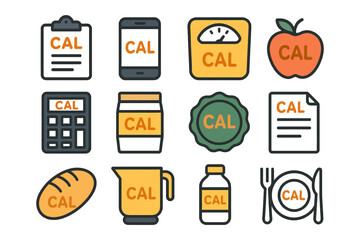 Calorie tracking icons: diet, fitness, and nutrition symbols.