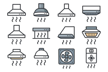 Variety of kitchen vent hoods and fans illustrations.