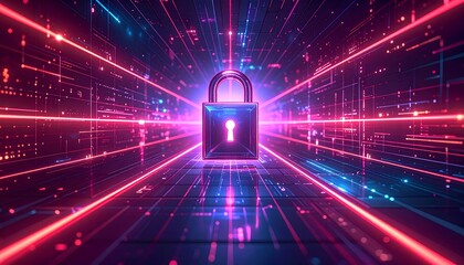 Digital lock in a vibrant neon landscape representing cybersecurity and data protection efforts