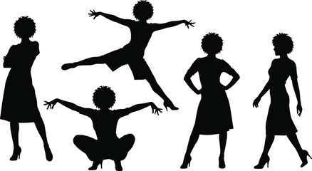 Set of woman silhouettes with afro hair, female figures posing in dress and heels, isolated black vector collection for fashion and lifestyle design.