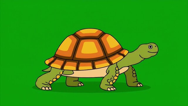 Cartoon Tortoise Walking Animation On Green Background.