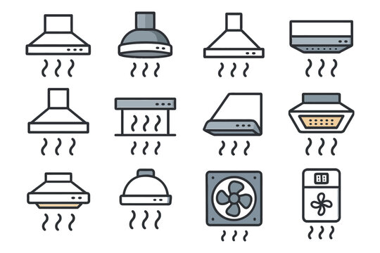 Variety of kitchen vent hoods and fans illustrations.