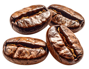 Four glossy brown roasted coffee beans isolated against black
