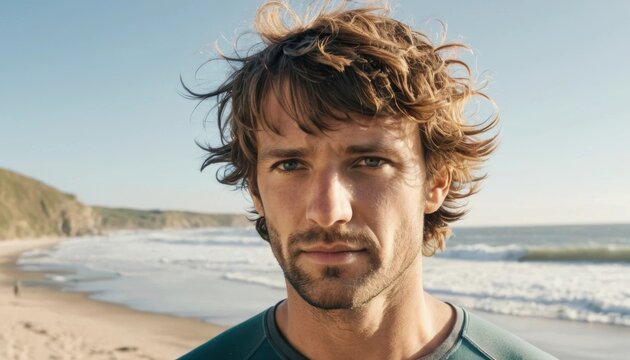 Young man standing on a beach during a sunny day with ocean waves in background Generative AI