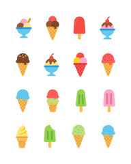 Collection of flat vector icons set of colorful delicious ice cream, popsicles, and frozen dessert treats in cone and cup, perfect for summer menus, sweet cravings, and refreshment visuals.