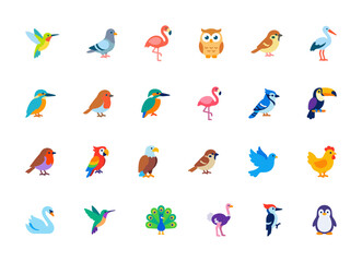Naklejka premium Flat vector icons set of colorful different bird species including hummingbird, flamingo, penguin, and owl in nature, representing wildlife, ornithology, and various fauna on white.