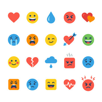 Flat vector icons set of colorful emotional faces and mood symbols expressing feelings like love, anger, joy, and sadness, perfect for social media, psychology, and mental health themes.