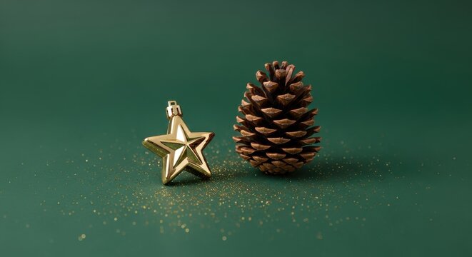 Golden star ornament and natural pinecone rest upon a deep green surface dusted with fine gold particles - Powered by Adobe