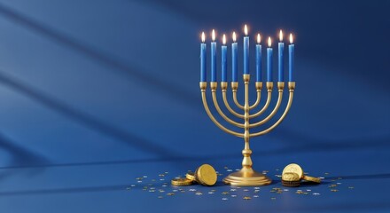 Gold candelabrum with burning blue candles rests on a blue surface surrounded by scattered coins