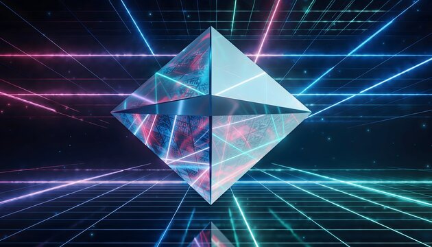 Futuristic Abstract Diamond Shape with Neon Lines  Digital Art, Geometric Design, 3D Rendering, Glowing Lines, Data Visualization