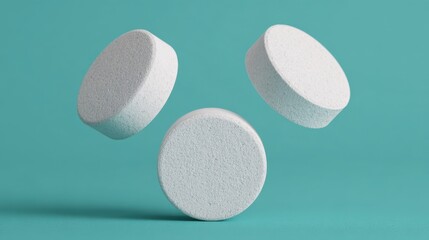 Floating white pills in chaotic arrangement studio background high-definition image modern aesthetic abstract concept