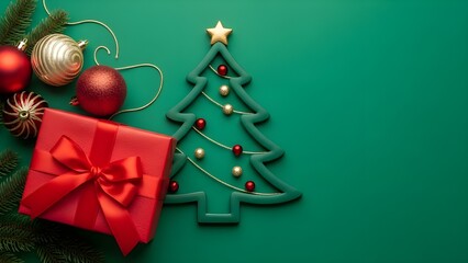 Festive christmas arrangement with gift and tree on green background