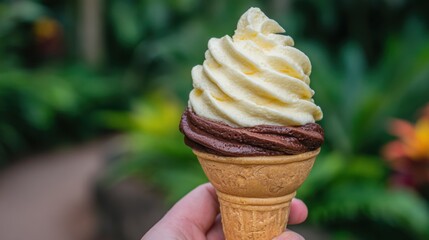 Indulging in chocolate-dipped vanilla soft serve cone at standard ice cream parlor sweet treats in a lush environment