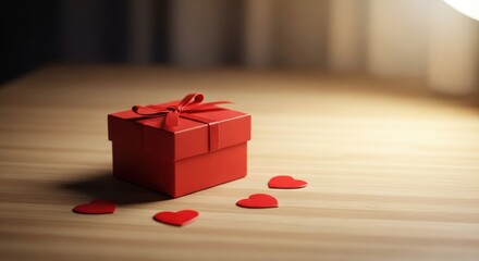 Brightly illuminated red gift box rests on a wooden surface surrounded by small decorative hearts