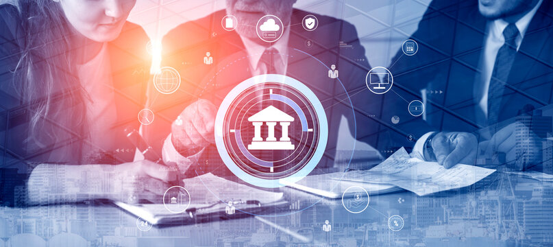 A global FinTech and digital banking network technology concept. A central financial system connected to the worldwide digital economy and services. Motif