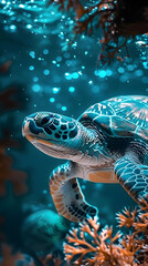 Fototapeta premium Sea Turtle Swimming Gracefully Through Clear Ocean Water