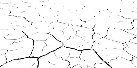High-contrast cracked earth texture in black and white, showing dry, fractured soil patterns. Ideal for backgrounds, environmental concepts, drought themes, and vector texture design.
