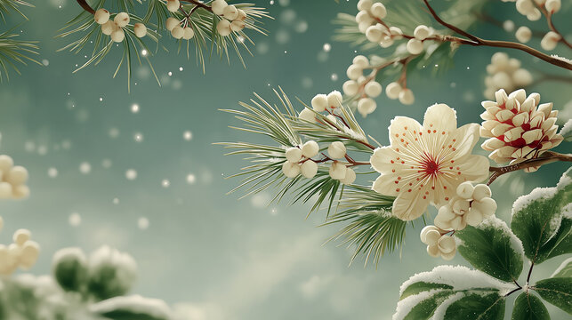 Winter Floral Scene: A delicate winter scene showcasing blossoming branches, adorned with soft, ethereal flowers and lush green foliage, sprinkled with gentle snowflakes and icy touches.
